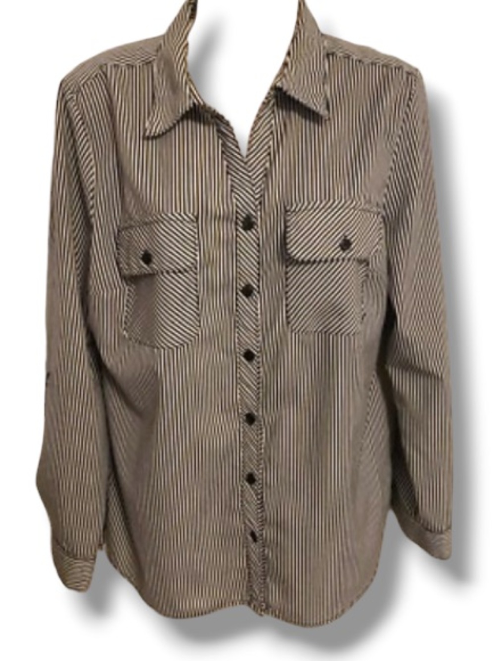Notations Women’s Black & White Striped Collared Top Career Office Dressy Blouse